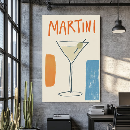 minimalist martini poster with abstract olive glass and retro typography in orange and blue