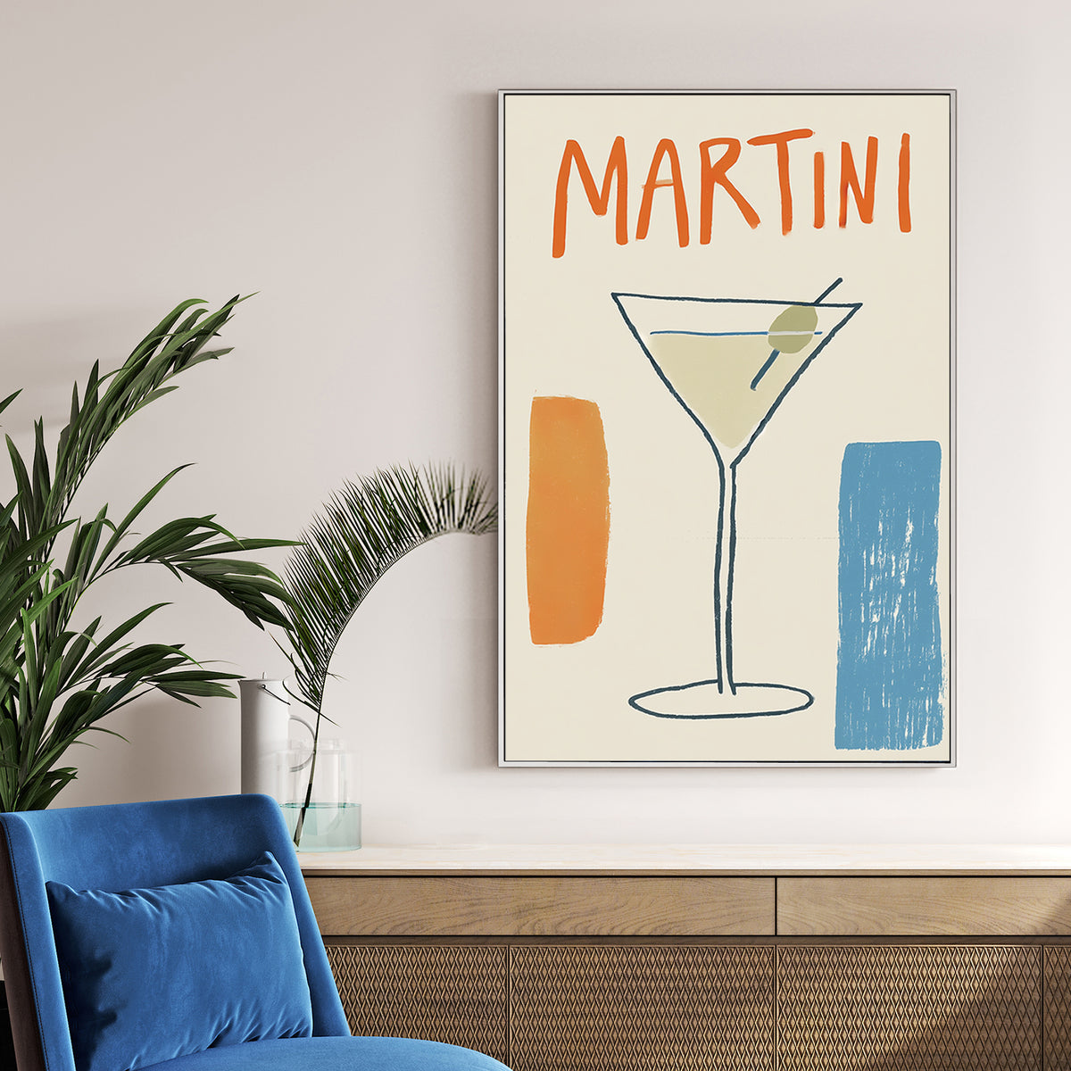 minimalist martini poster with abstract olive glass and retro typography in orange and blue