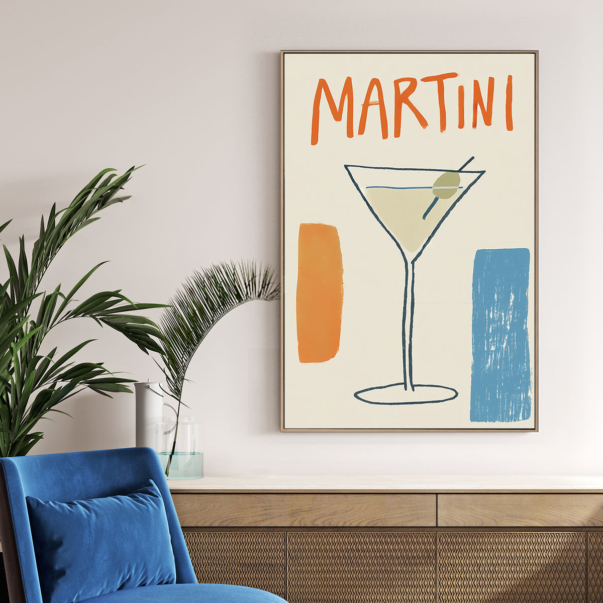 minimalist martini poster with abstract olive glass and retro typography in orange and blue