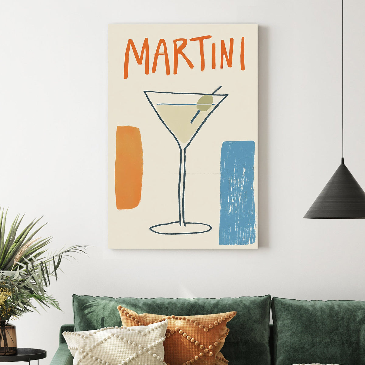 minimalist martini poster with abstract olive glass and retro typography in orange and blue