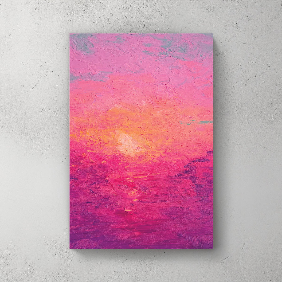textured pink and orange sunset painting with thick impressionist brushstrokes
