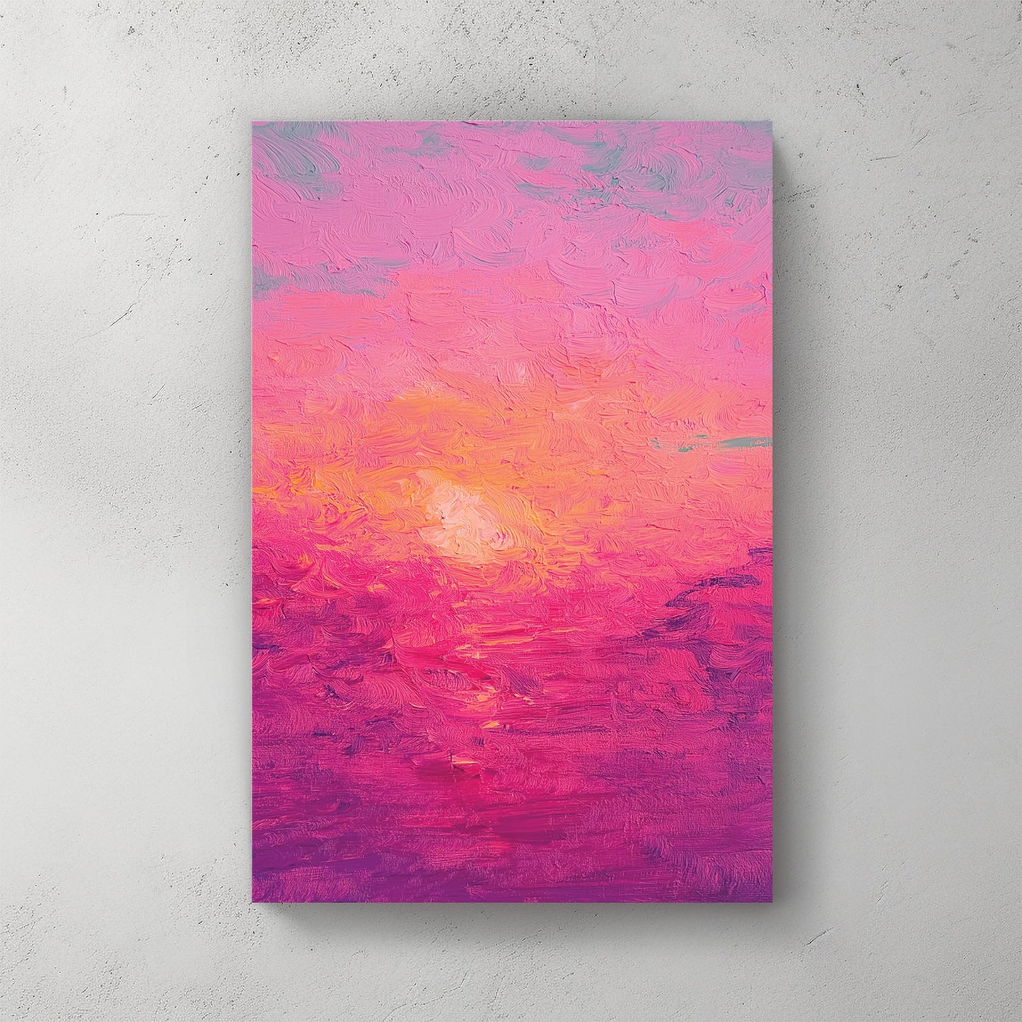 textured pink and orange sunset painting with thick impressionist brushstrokes