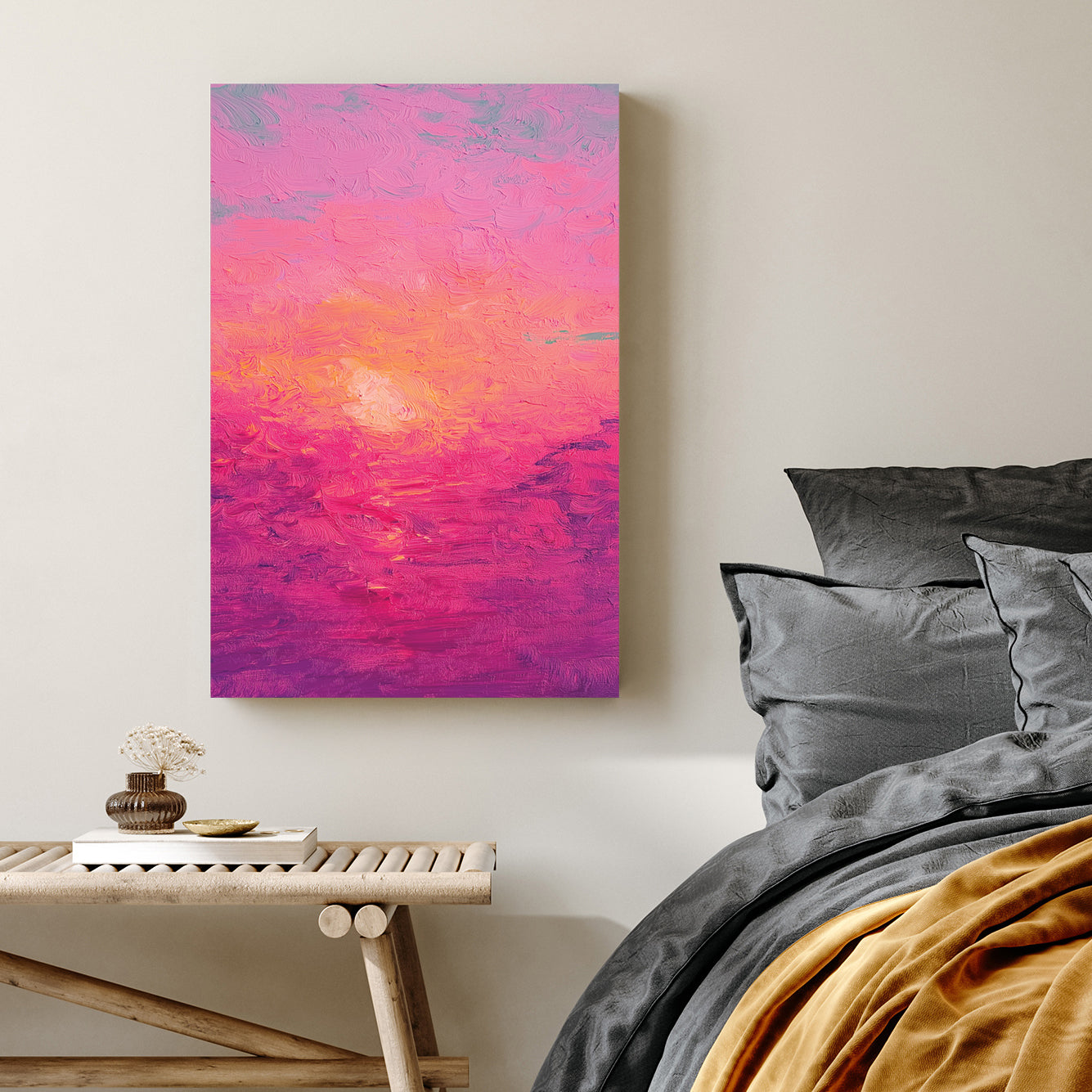 textured pink and orange sunset painting with thick impressionist brushstrokes