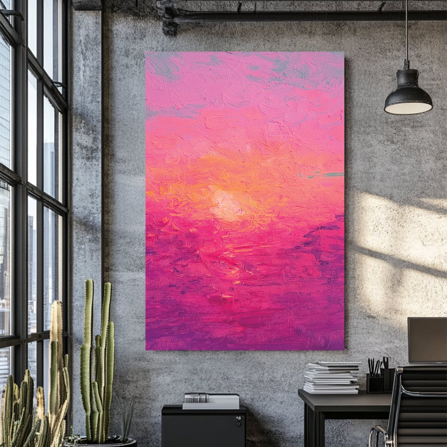 textured pink and orange sunset painting with thick impressionist brushstrokes