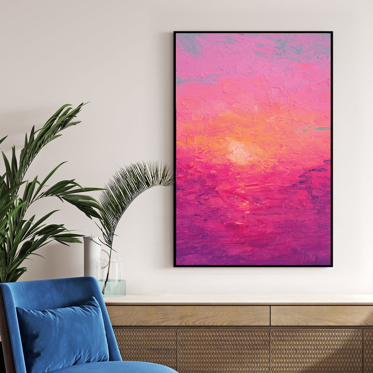 textured pink and orange sunset painting with thick impressionist brushstrokes