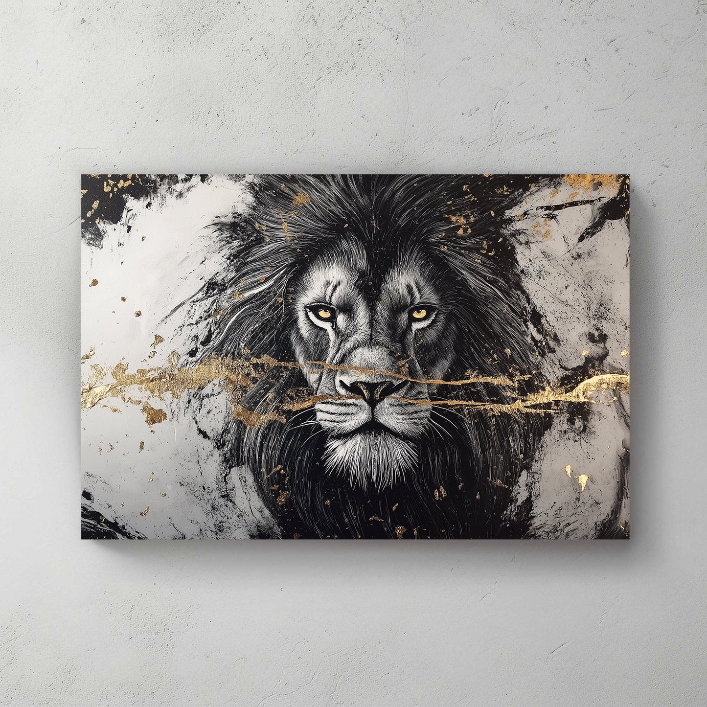 black and white lion wall art with gold foil accents and intense yellow eyes