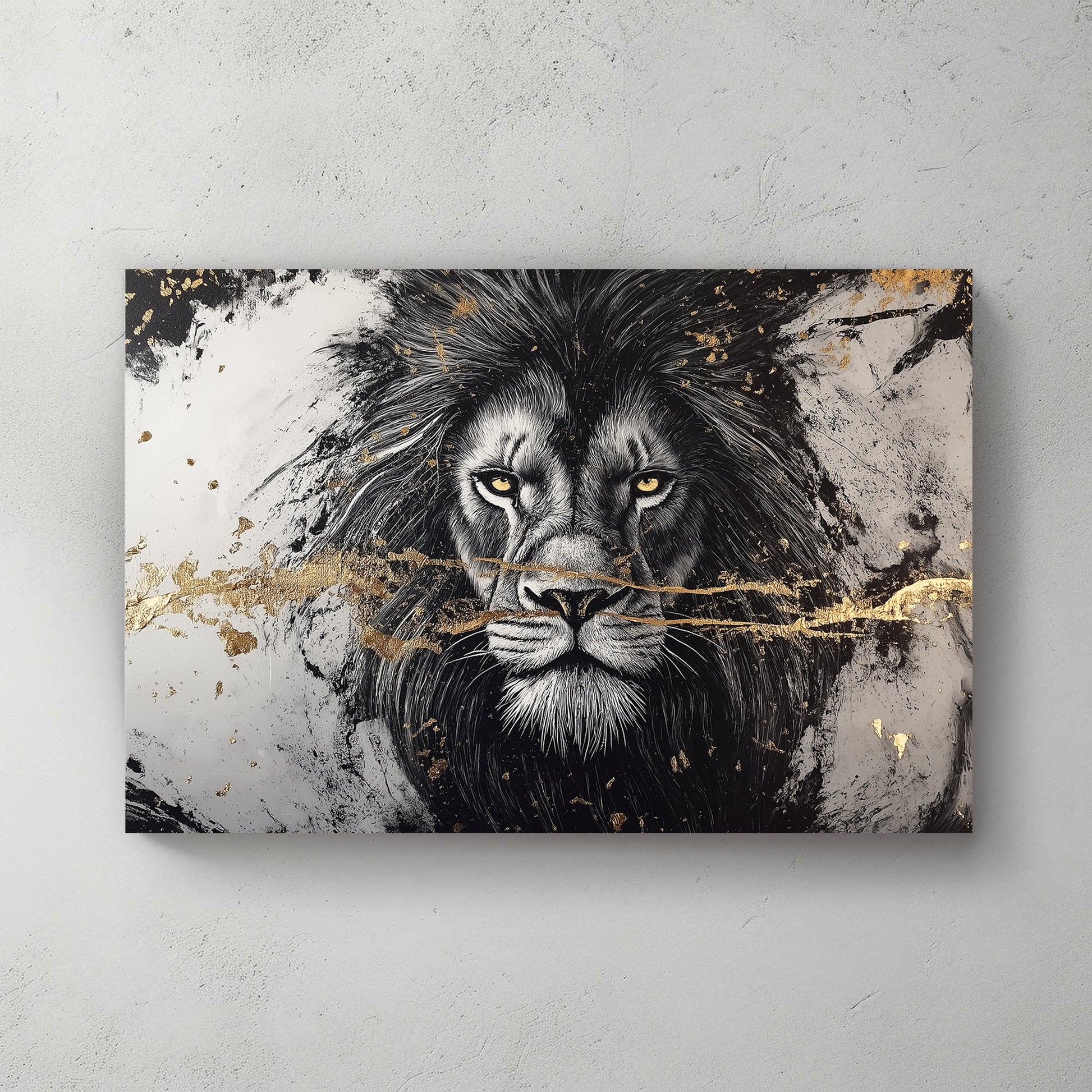 black and white lion wall art with gold foil accents and intense yellow eyes
