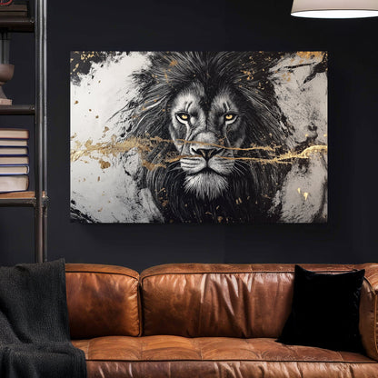 black and white lion wall art with gold foil accents and intense yellow eyes