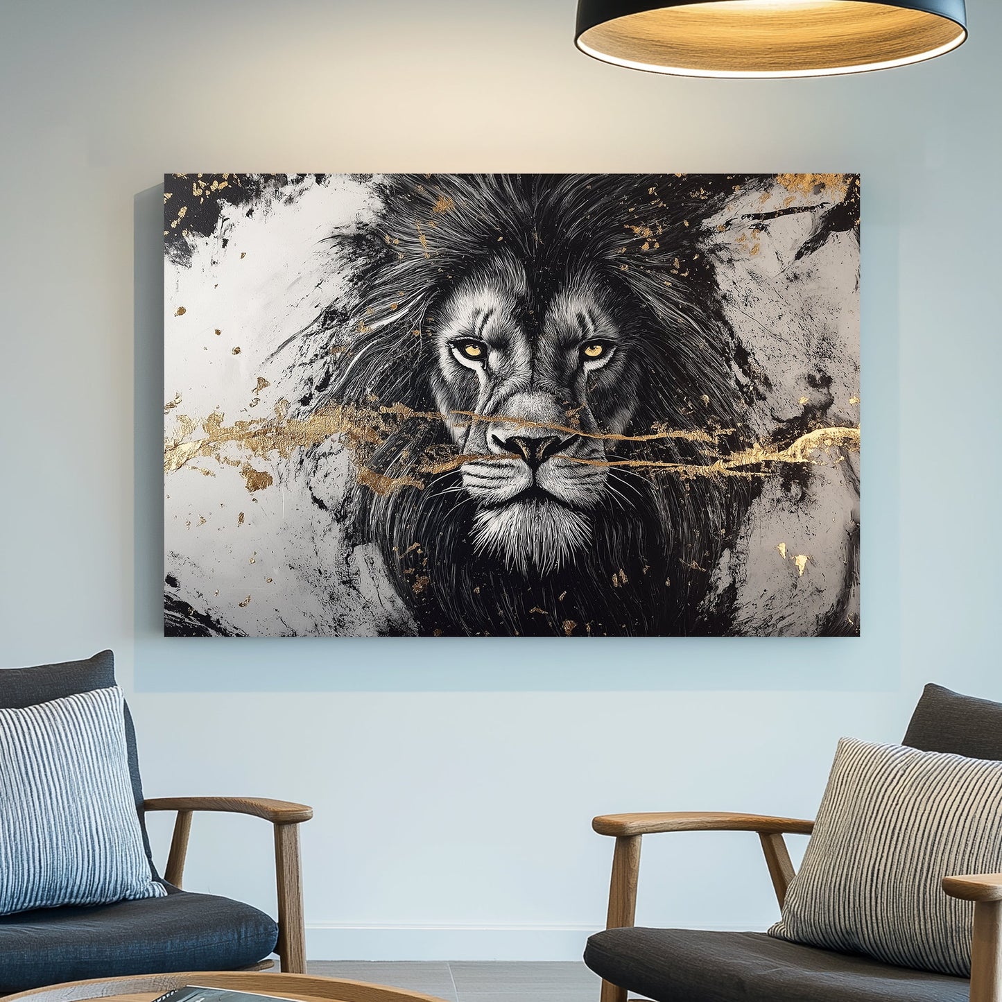 black and white lion wall art with gold foil accents and intense yellow eyes