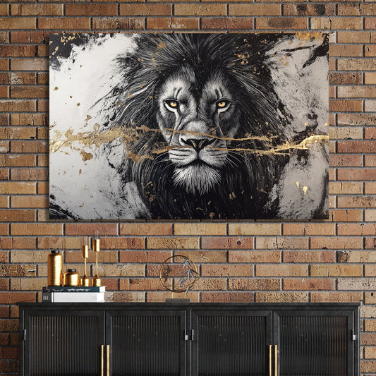 black and white lion wall art with gold foil accents and intense yellow eyes