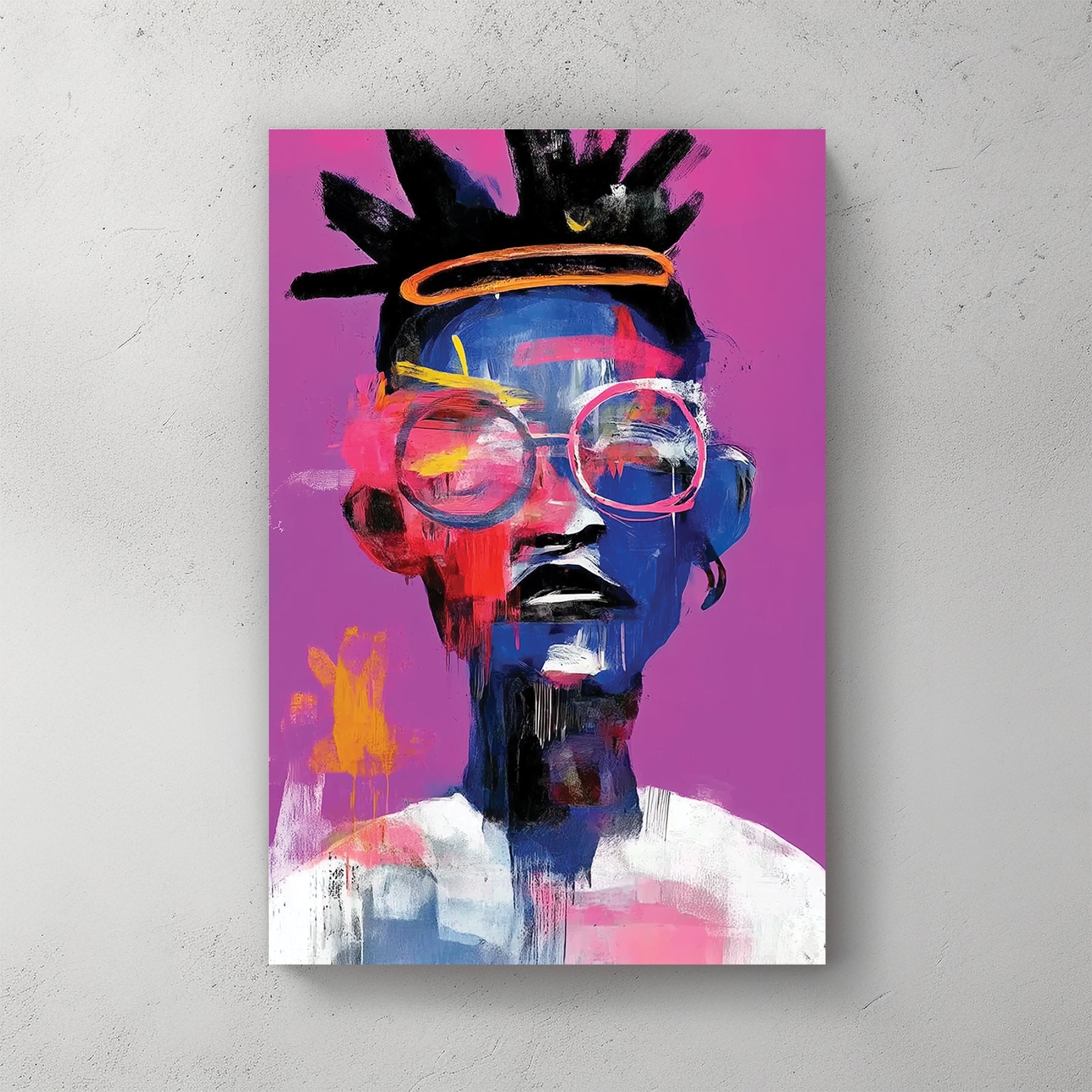 bold neon portrait wall art with glasses and afro on pink background