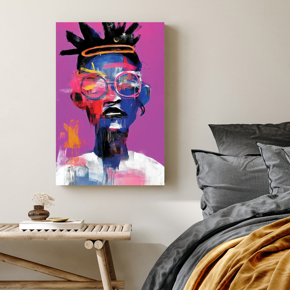 bold neon portrait wall art with glasses and afro on pink background