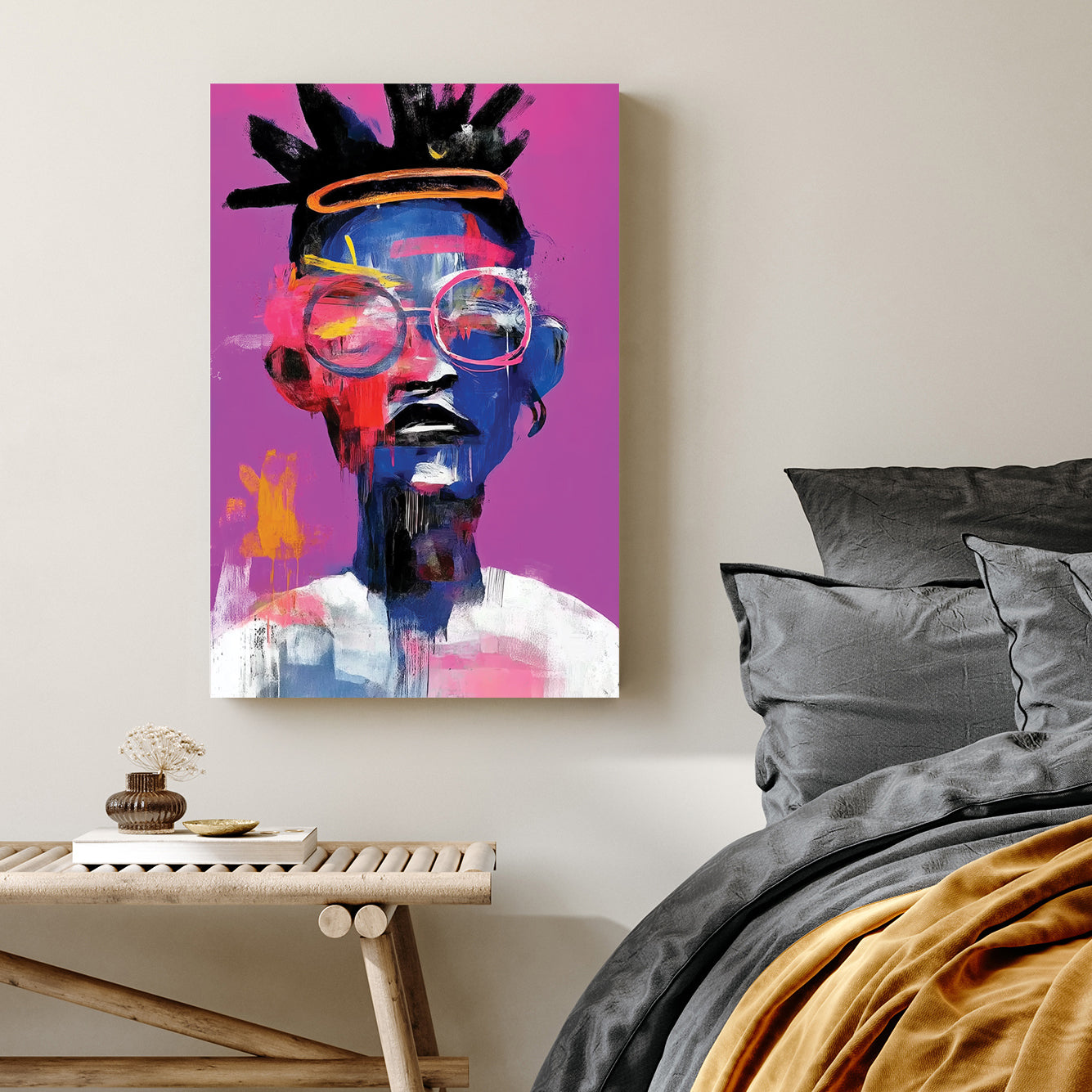 bold neon portrait wall art with glasses and afro on pink background