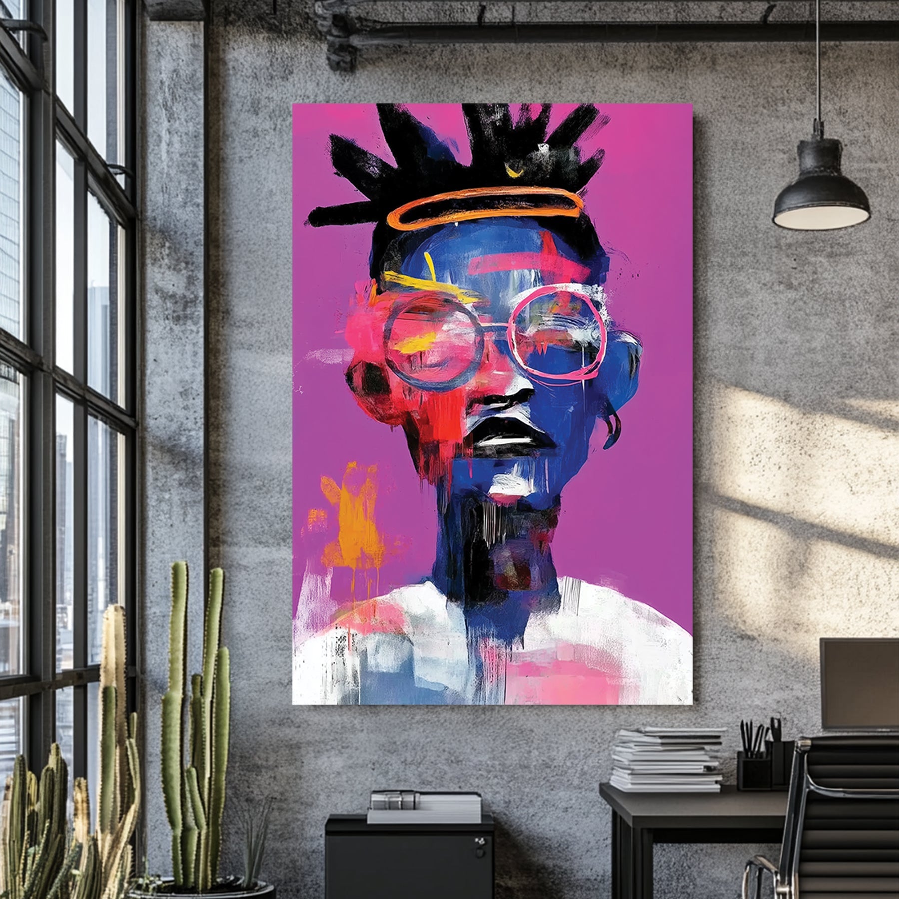 bold neon portrait wall art with glasses and afro on pink background