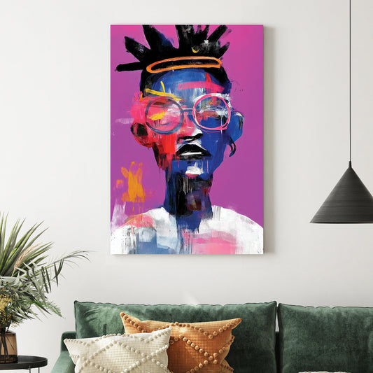 bold neon portrait wall art with glasses and afro on pink background