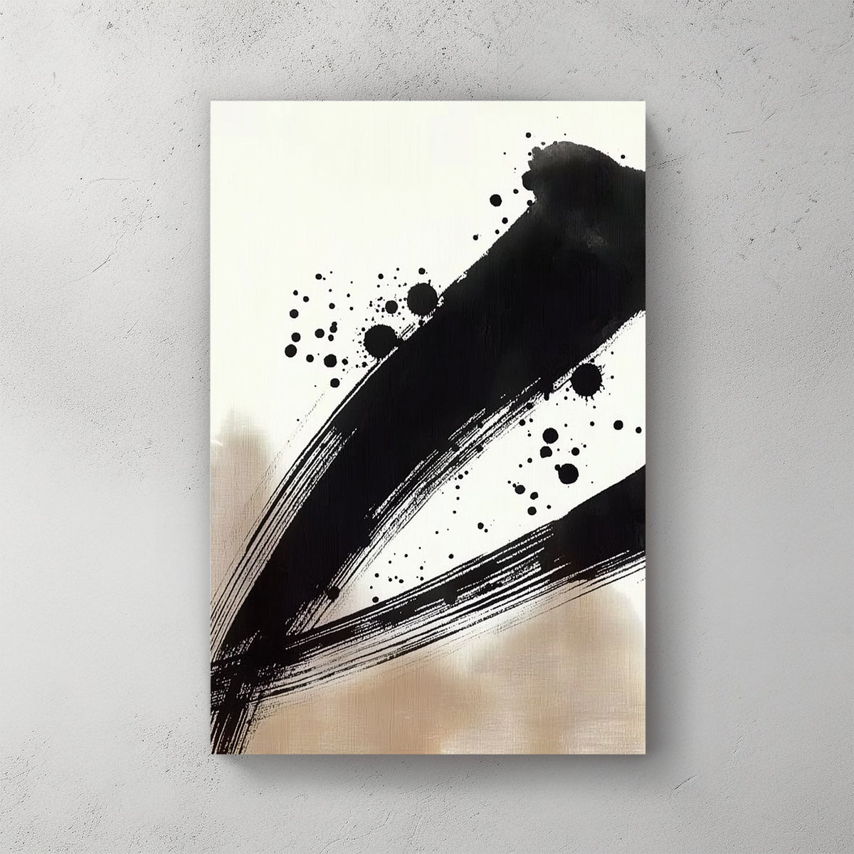 japanese ink brushstroke wall art with black paint splatter on neutral background
