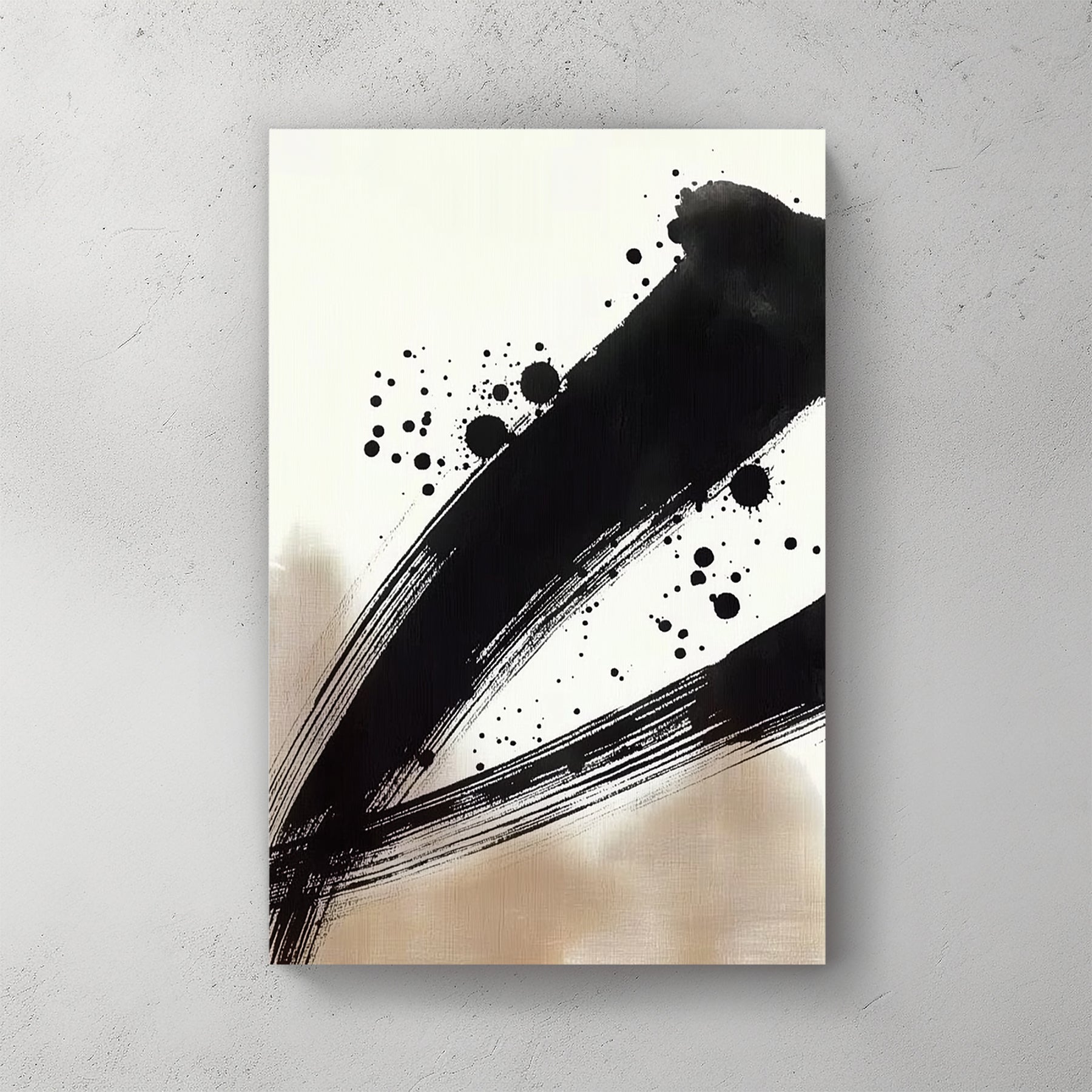 japanese ink brushstroke wall art with black paint splatter on neutral background
