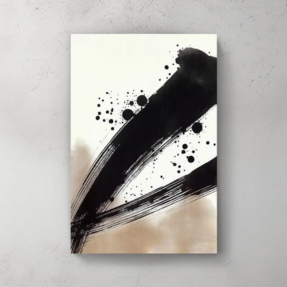 japanese ink brushstroke wall art with black paint splatter on neutral background