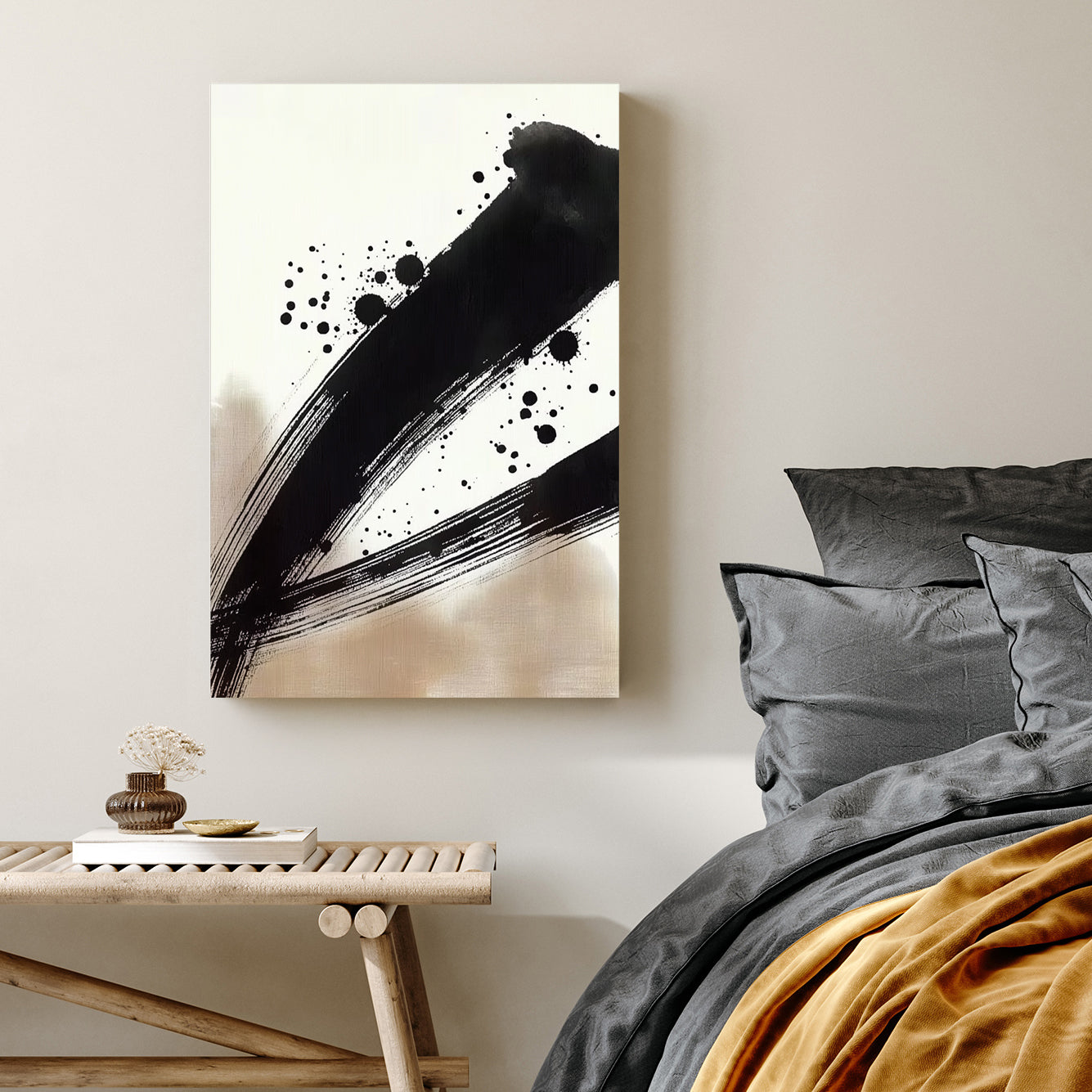 japanese ink brushstroke wall art with black paint splatter on neutral background
