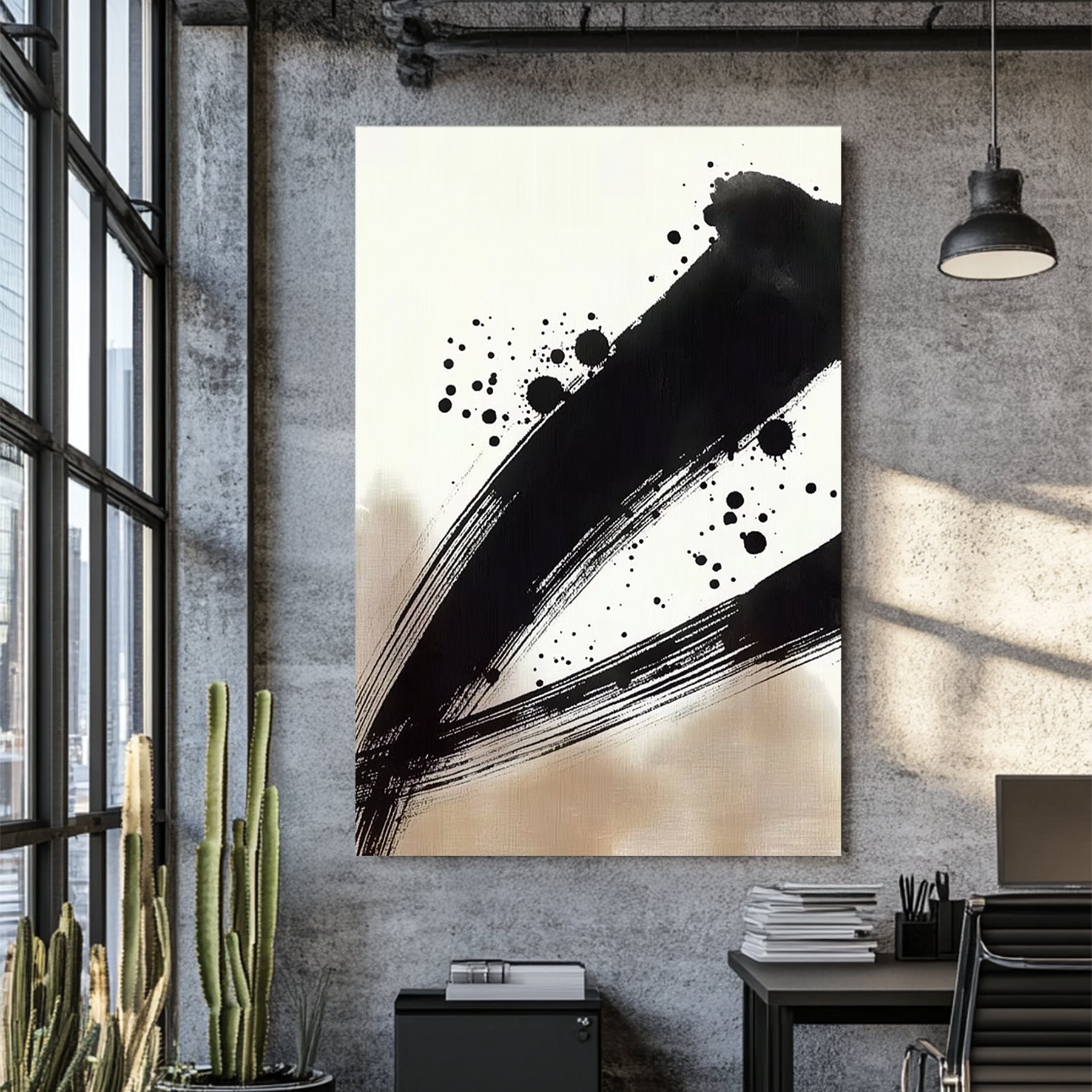 japanese ink brushstroke wall art with black paint splatter on neutral background