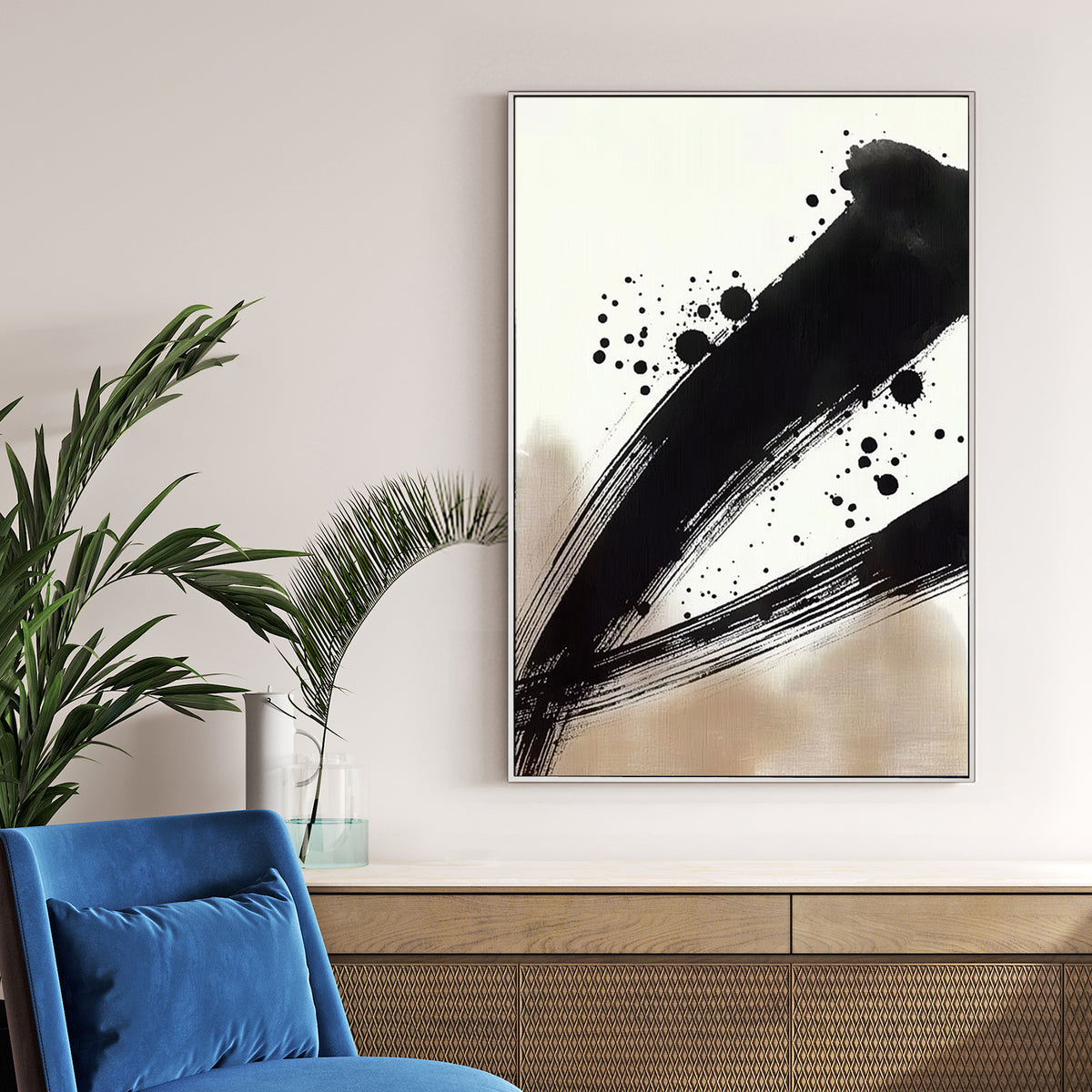 japanese ink brushstroke wall art with black paint splatter on neutral background