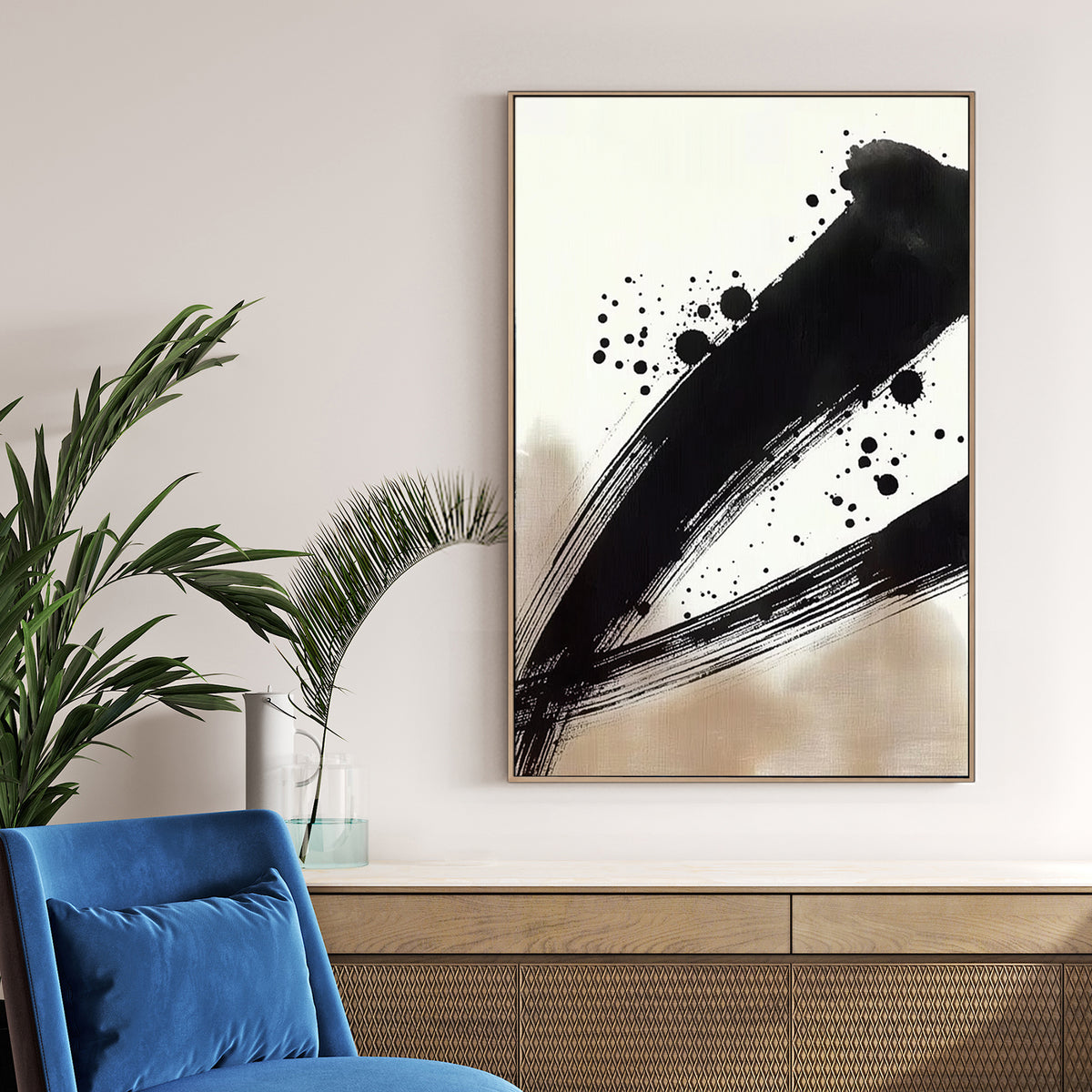 japanese ink brushstroke wall art with black paint splatter on neutral background