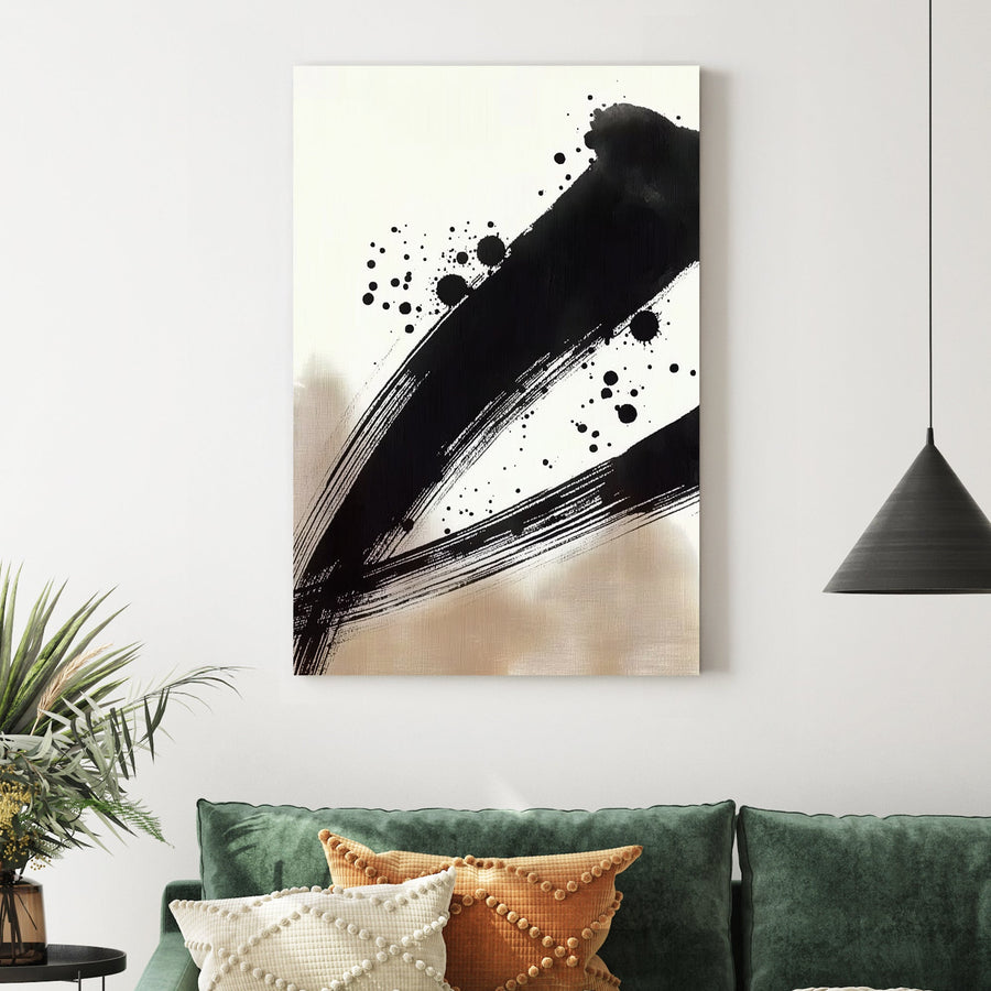 japanese ink brushstroke wall art with black paint splatter on neutral background