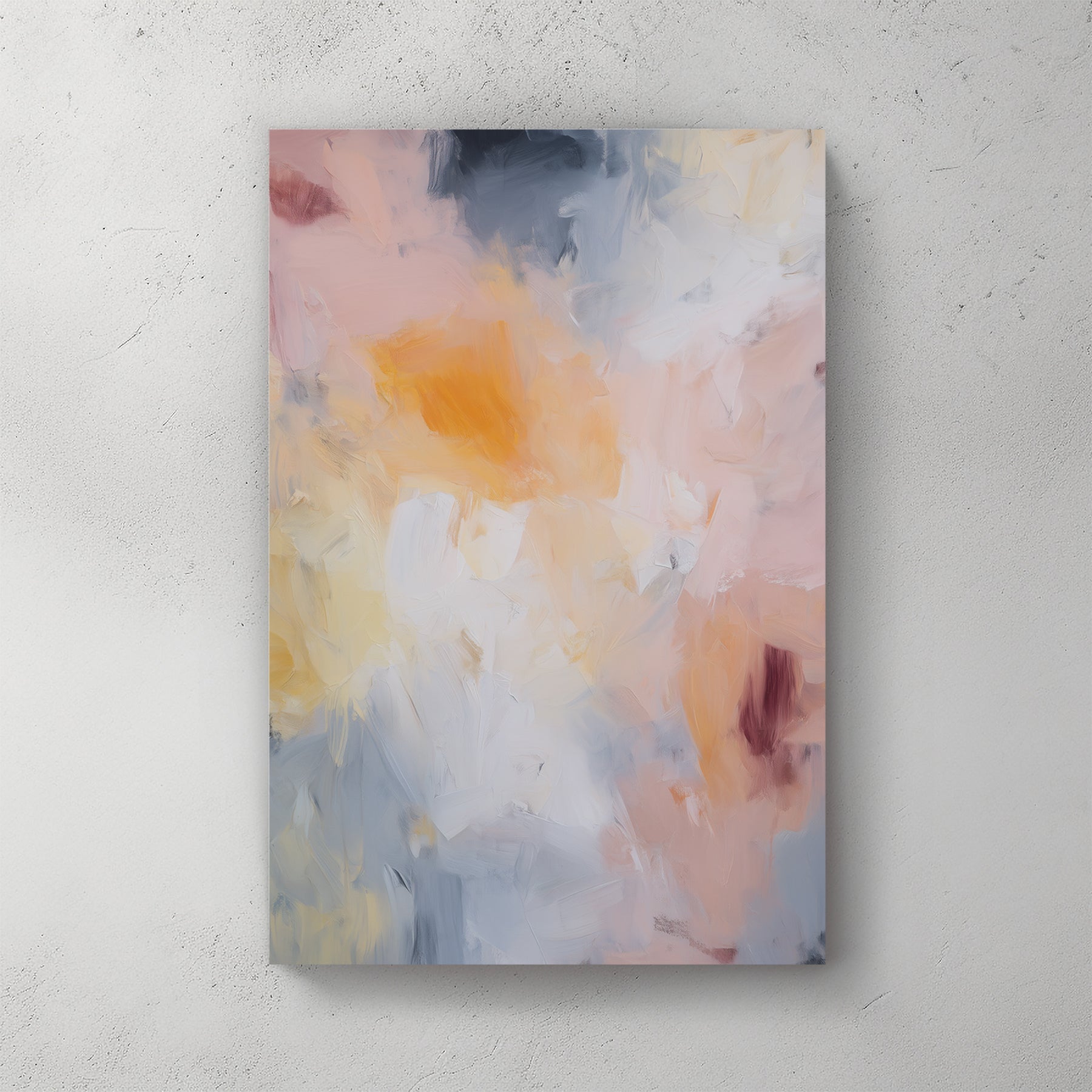 soft pastel abstract wall art with pink, yellow, and grey brushstrokes