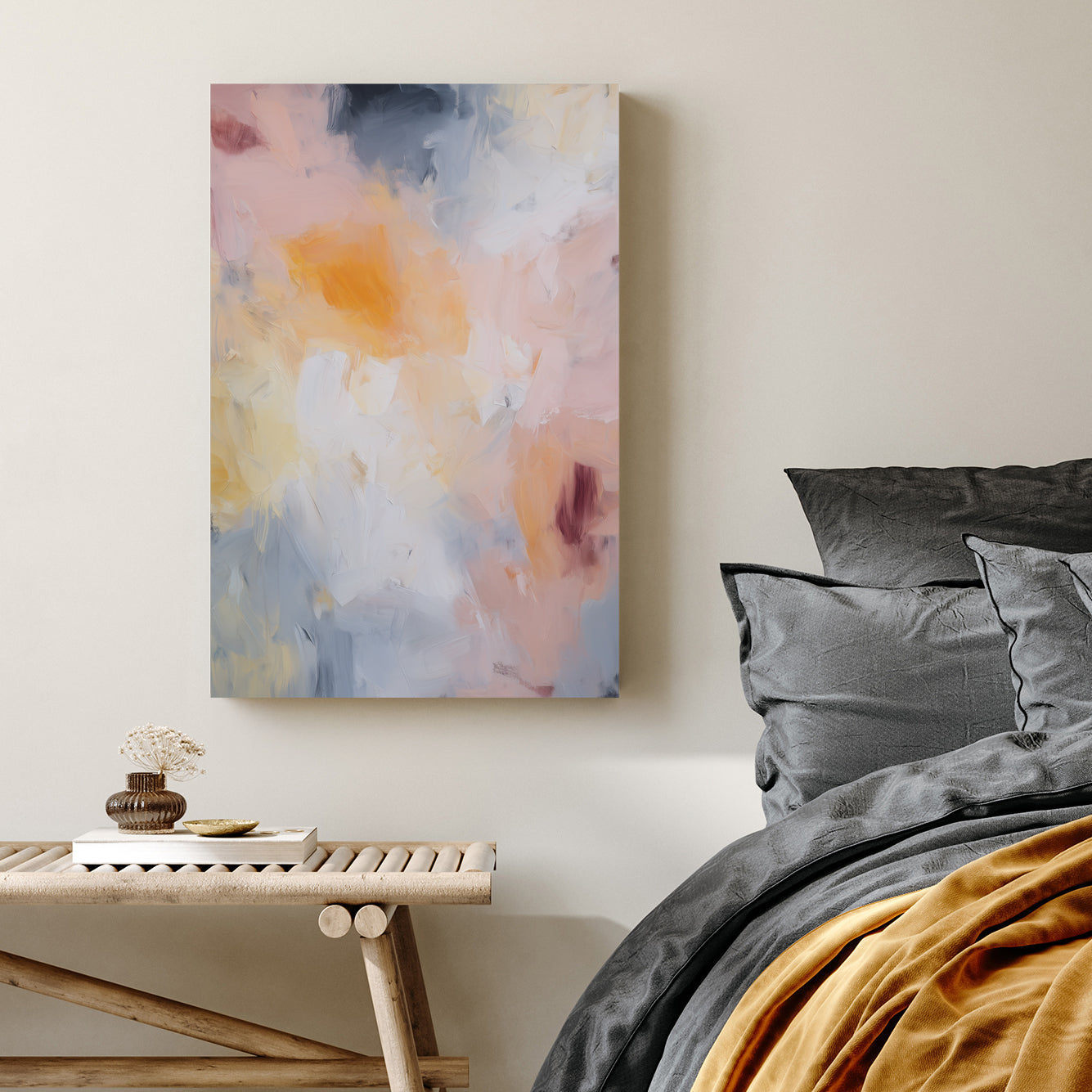 soft pastel abstract wall art with pink, yellow, and grey brushstrokes