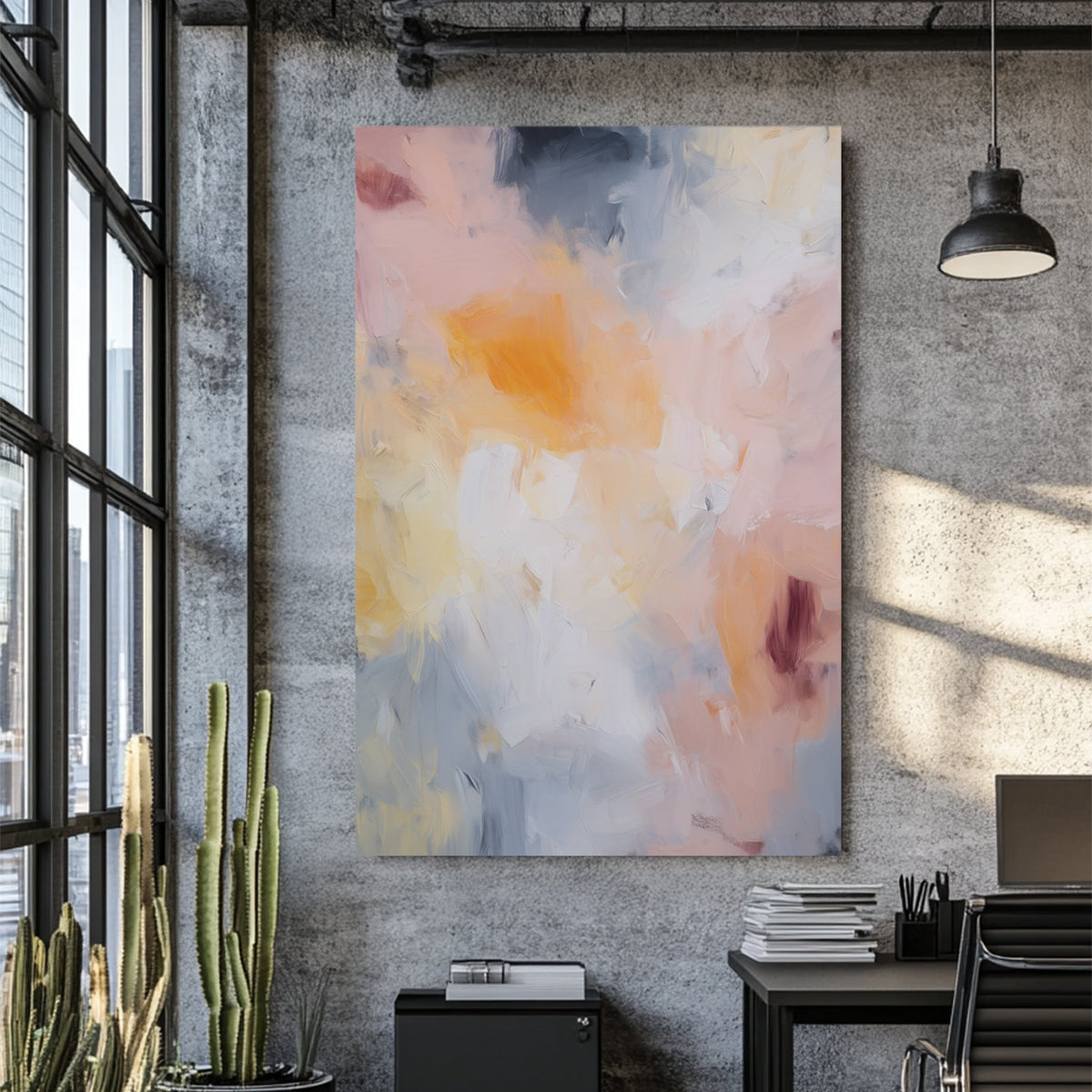 soft pastel abstract wall art with pink, yellow, and grey brushstrokes