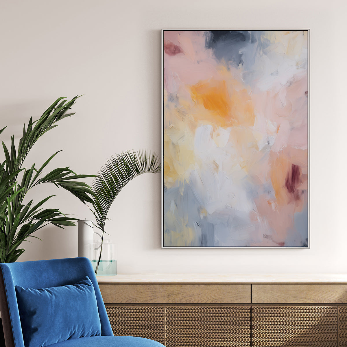 soft pastel abstract wall art with pink, yellow, and grey brushstrokes