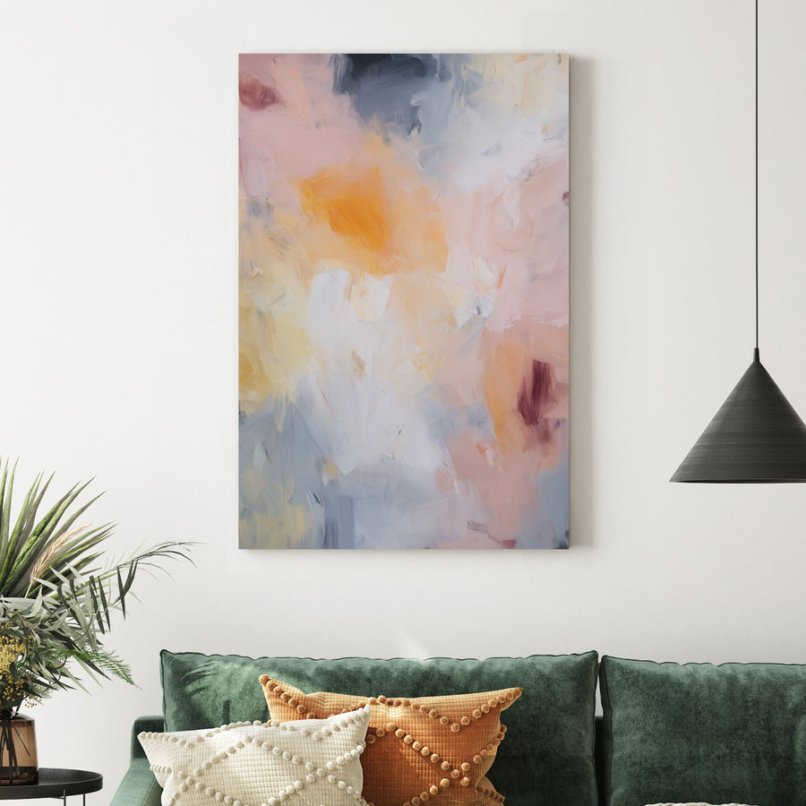 soft pastel abstract wall art with pink, yellow, and grey brushstrokes