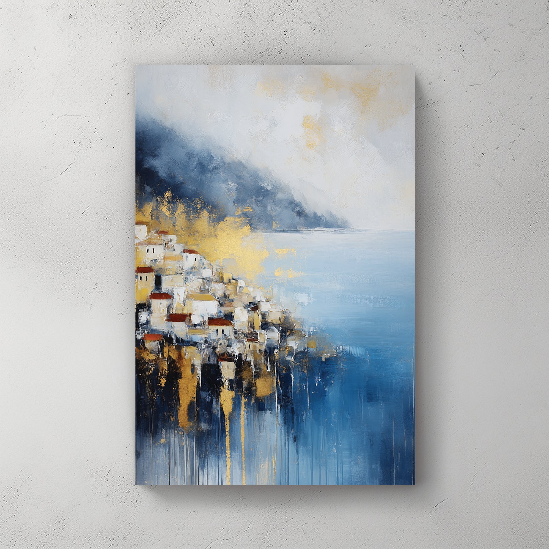 mediterranean coastal village wall art in blue and gold tones