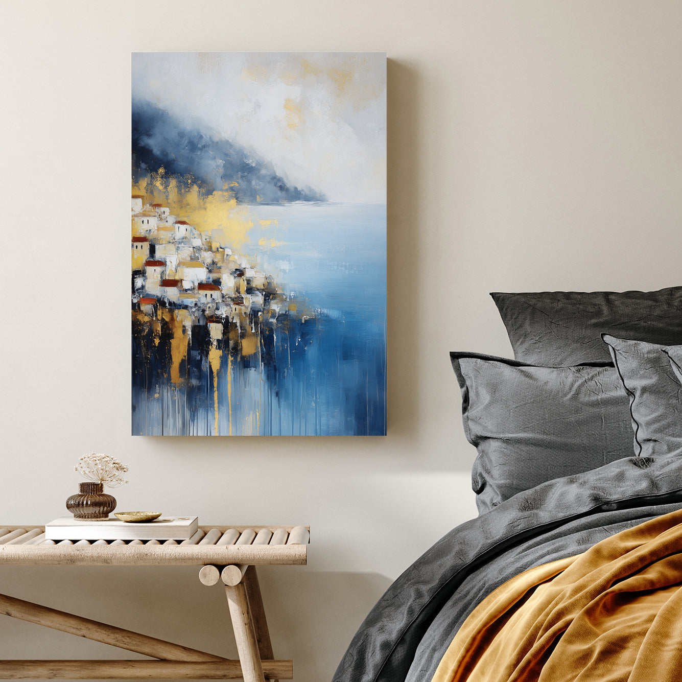 mediterranean coastal village wall art in blue and gold tones