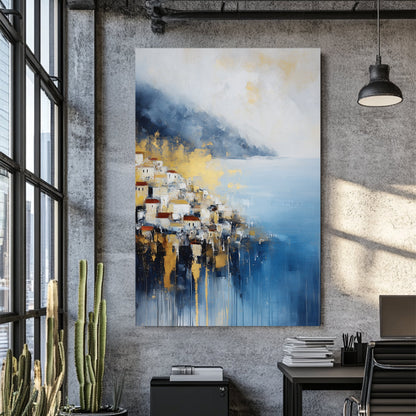 mediterranean coastal village wall art in blue and gold tones