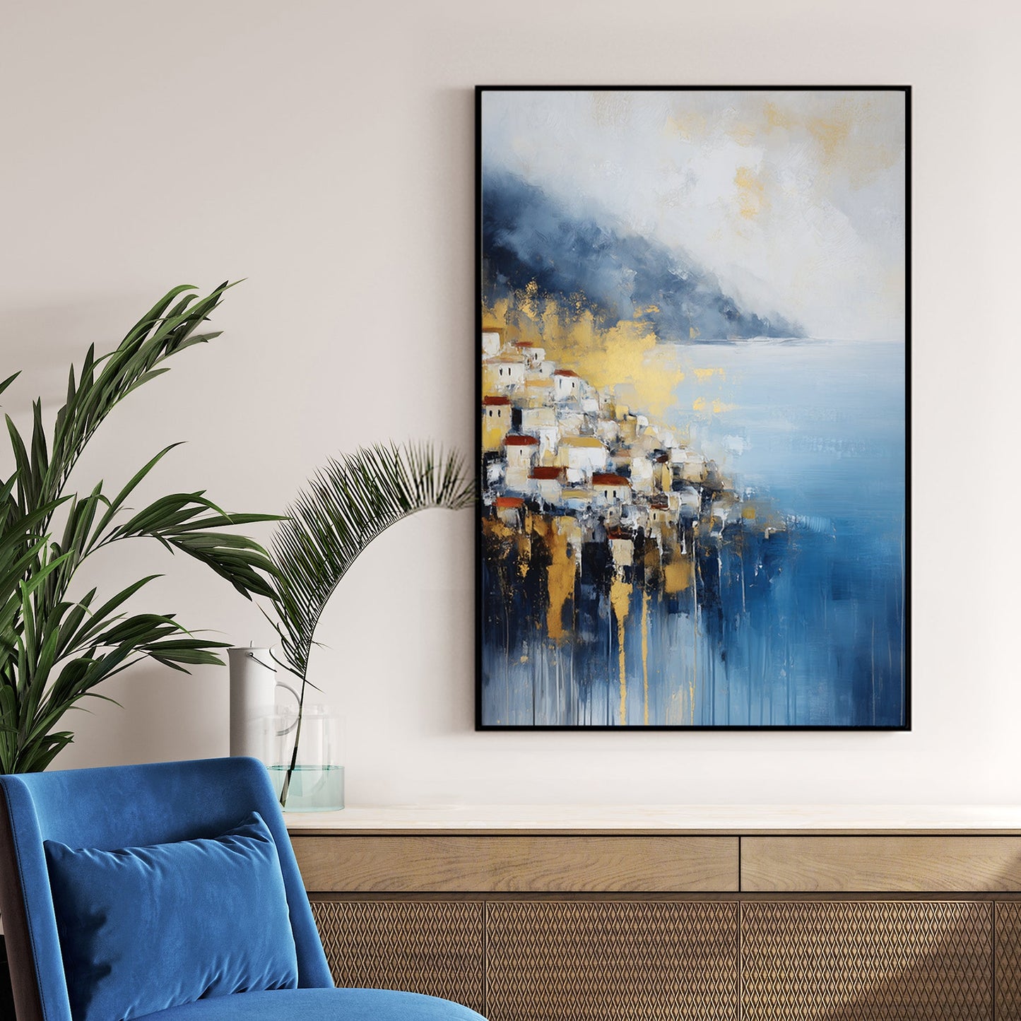 mediterranean coastal village wall art in blue and gold tones
