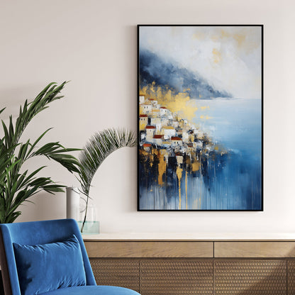 mediterranean coastal village wall art in blue and gold tones