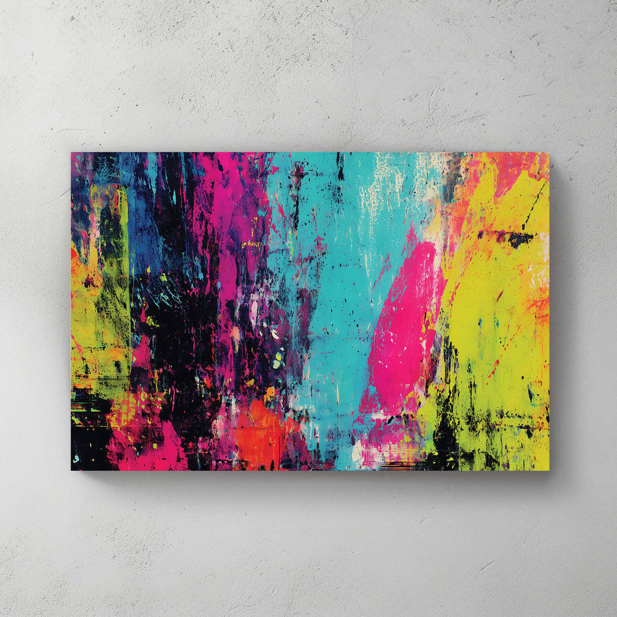 abstract neon wall art with vibrant pink, blue, yellow and black paint splashes