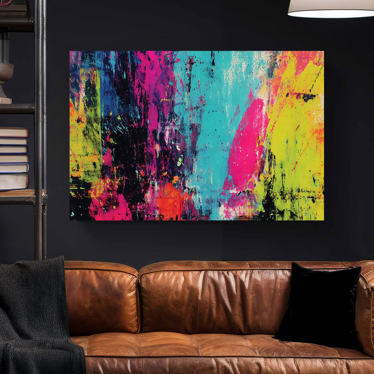 abstract neon wall art with vibrant pink, blue, yellow and black paint splashes