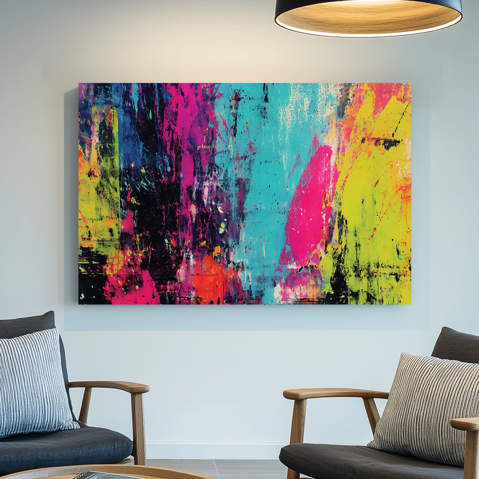abstract neon wall art with vibrant pink, blue, yellow and black paint splashes