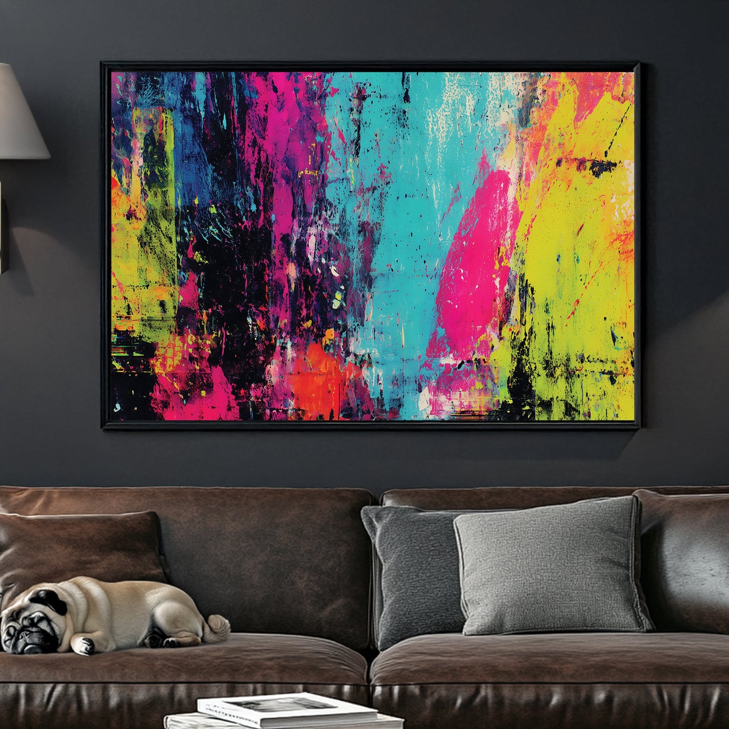 abstract neon wall art with vibrant pink, blue, yellow and black paint splashes