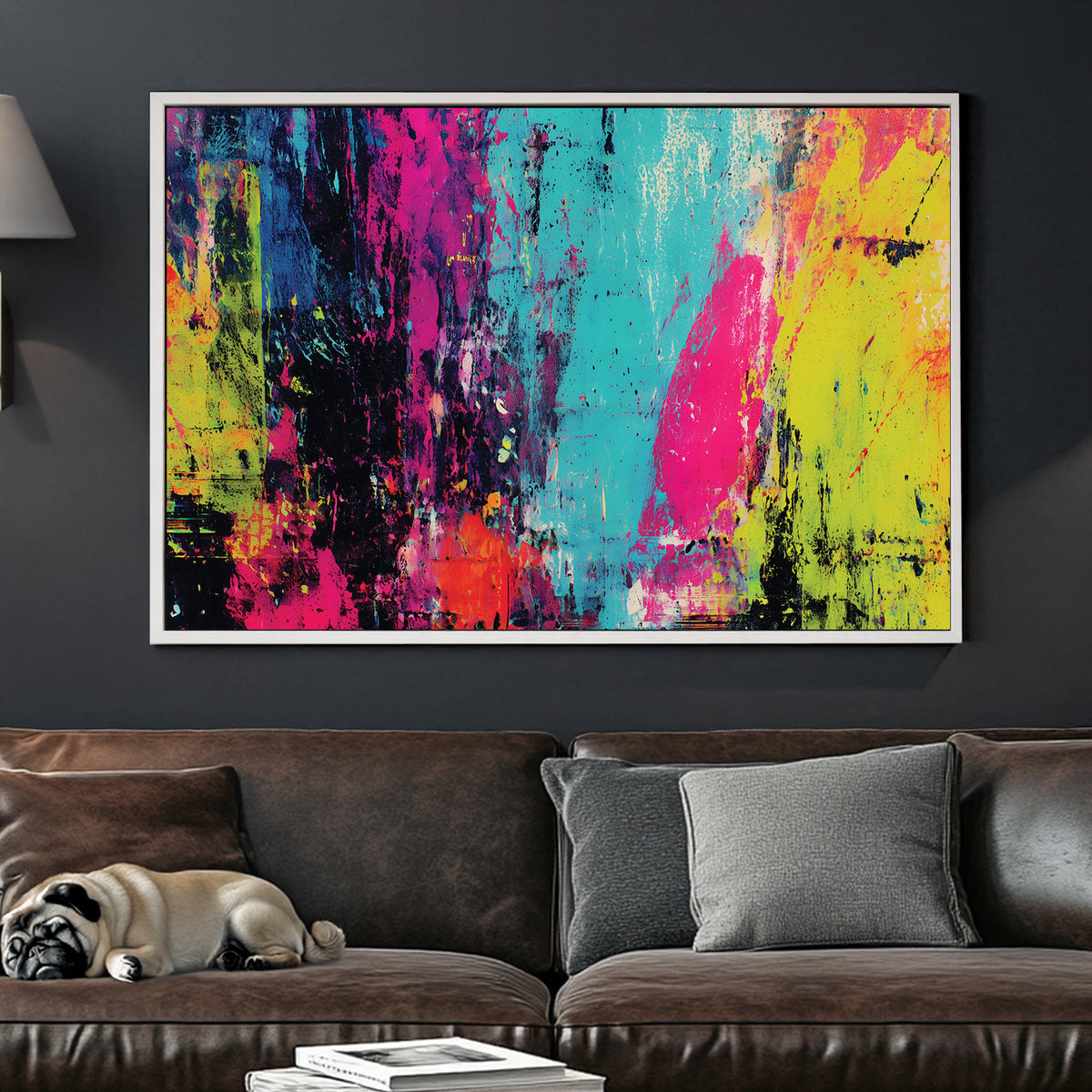 abstract neon wall art with vibrant pink, blue, yellow and black paint splashes