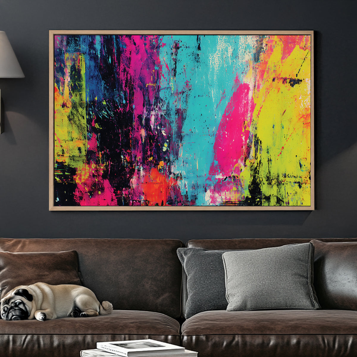 abstract neon wall art with vibrant pink, blue, yellow and black paint splashes