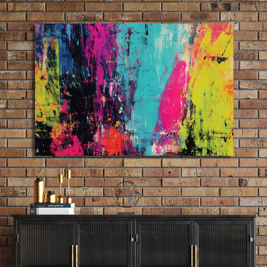 abstract neon wall art with vibrant pink, blue, yellow and black paint splashes