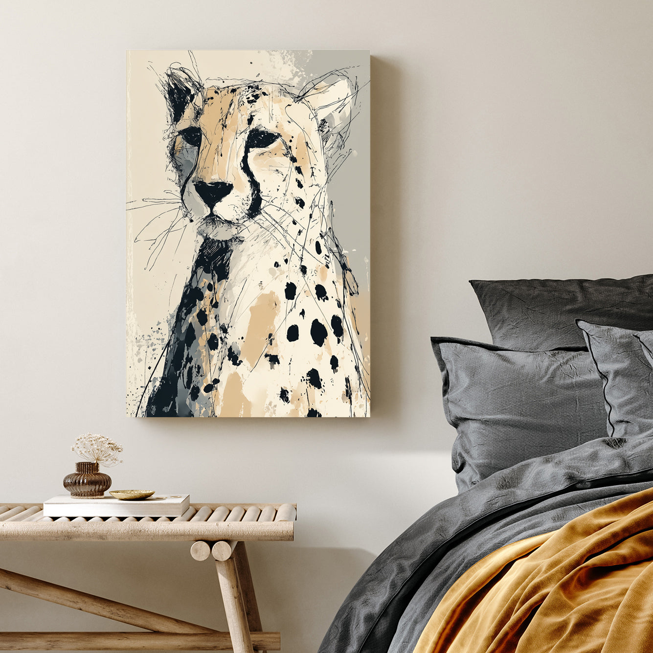 cheetah sketch wall art in neutral ink and splatter style