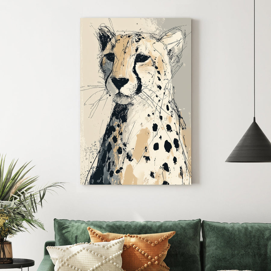 cheetah sketch wall art in neutral ink and splatter style