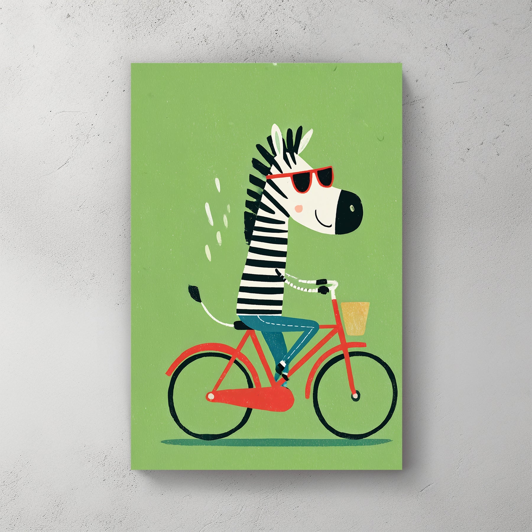 zebra riding a red bike cartoon wall art with green background
