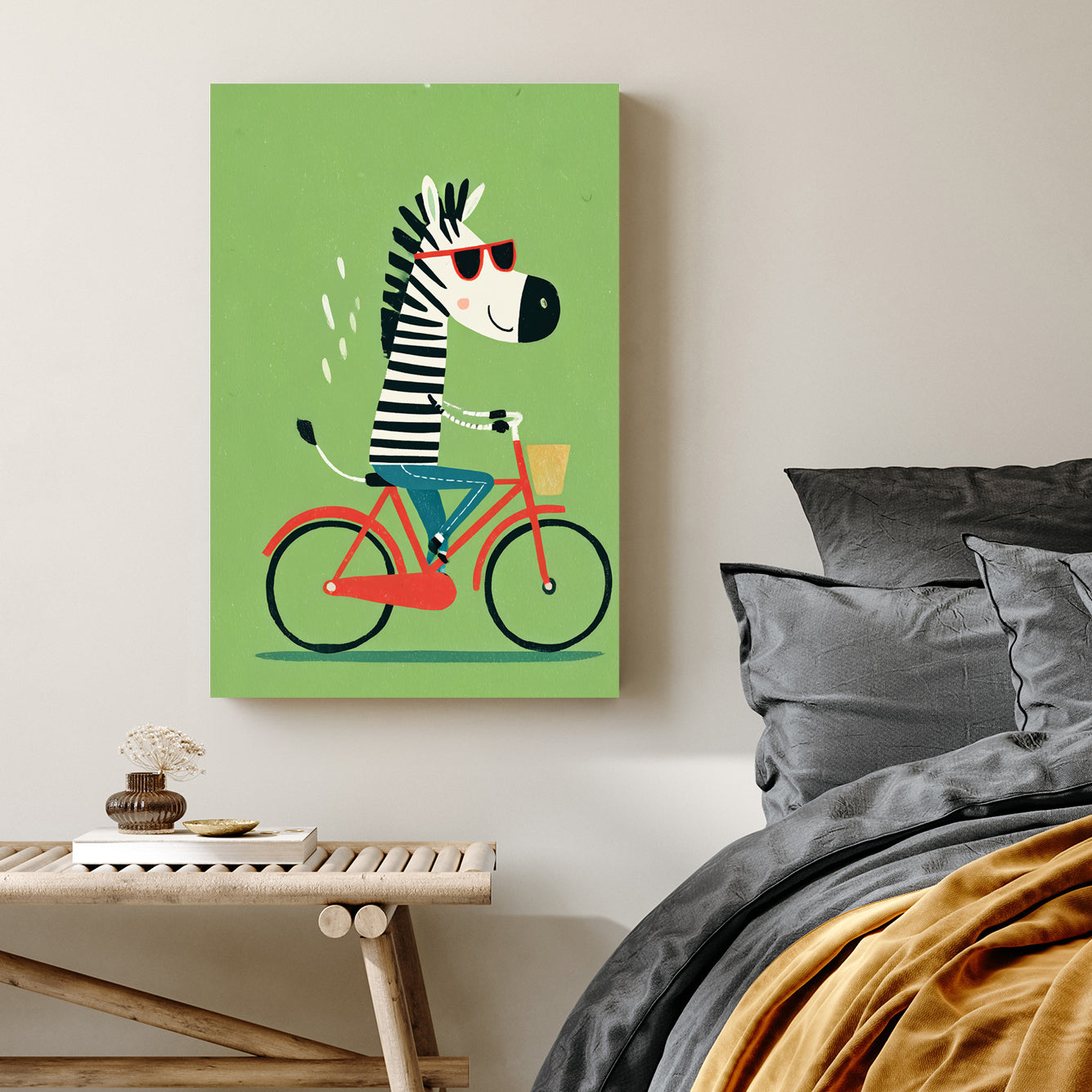 zebra riding a red bike cartoon wall art with green background
