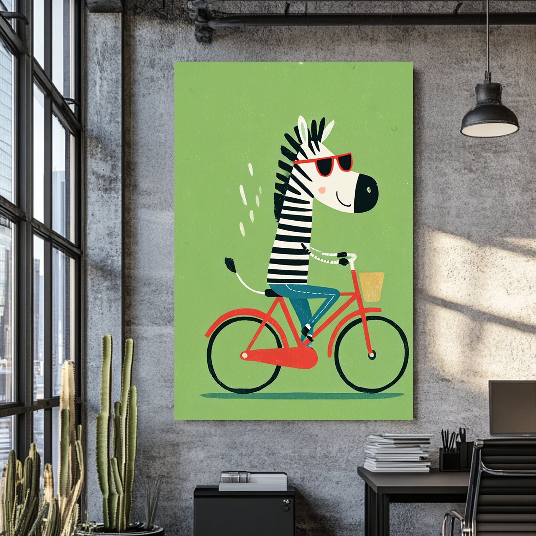 zebra riding a red bike cartoon wall art with green background