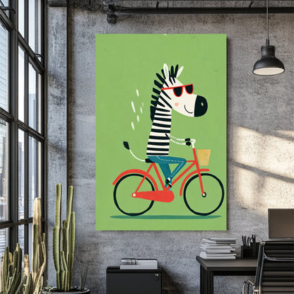 zebra riding a red bike cartoon wall art with green background